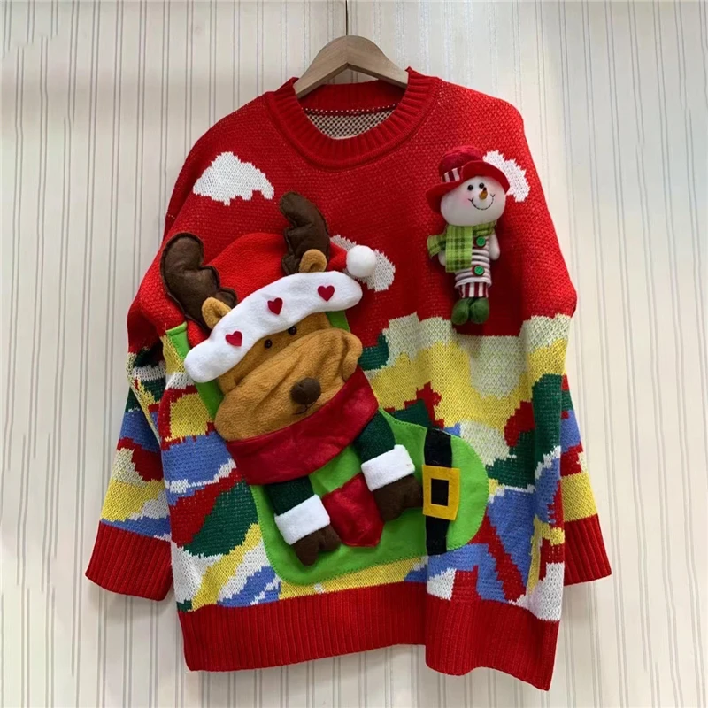 

2021 autumn and winter NEW women's round neck pullover knitted sweater Christmas redreindeer three-dimensionaldecorative sweater