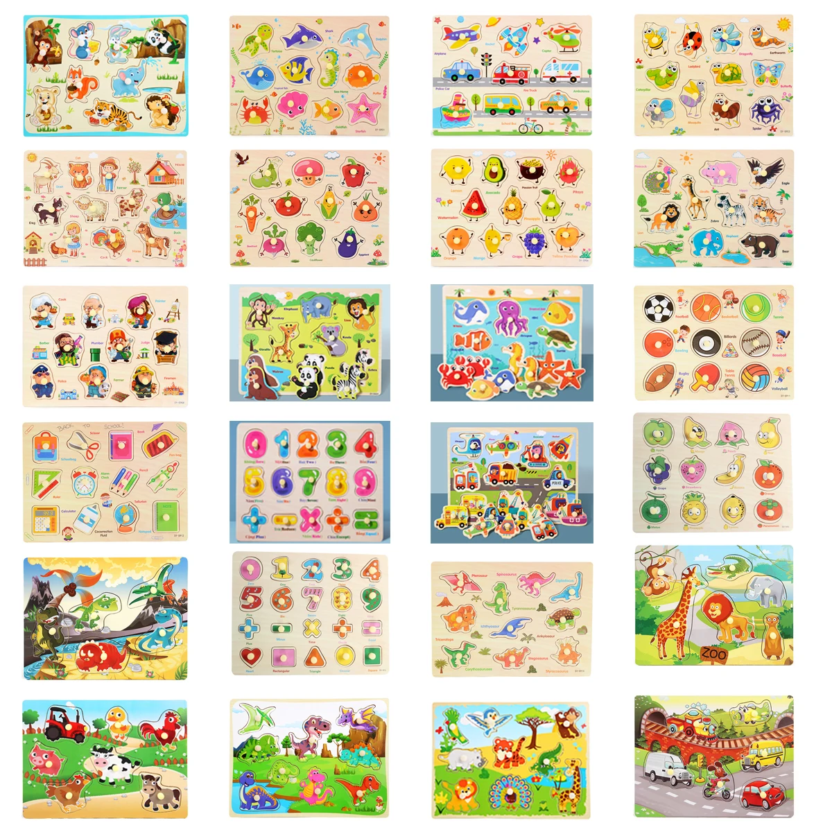 

Early childhood education wooden hand-grabbing board number letter animal vehicle cognitive jigsaw puzzle