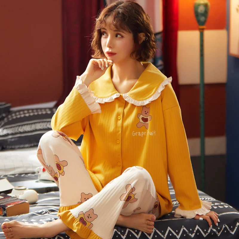 

Pajamas Cotton Turn Down Collar Fashion Style Casual Style Sleepwewar Pj Set Pajamas Set Woman Clothes Long Sleeve Long Pants