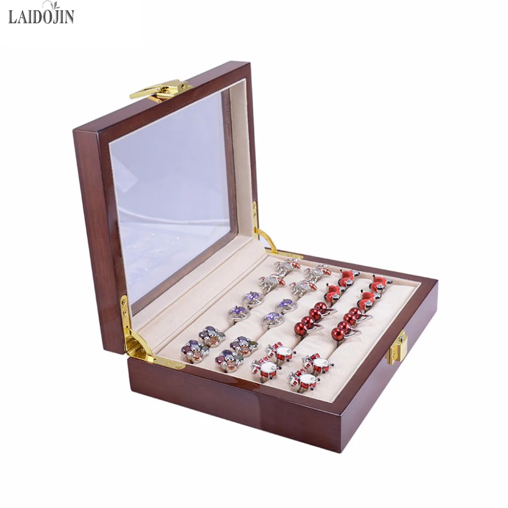 LAIDOJIN 12pairs Capacity Glass Cufflinks Box for Men High Quality Painted Wooden Collection Display Storage Rings Jewelry Box