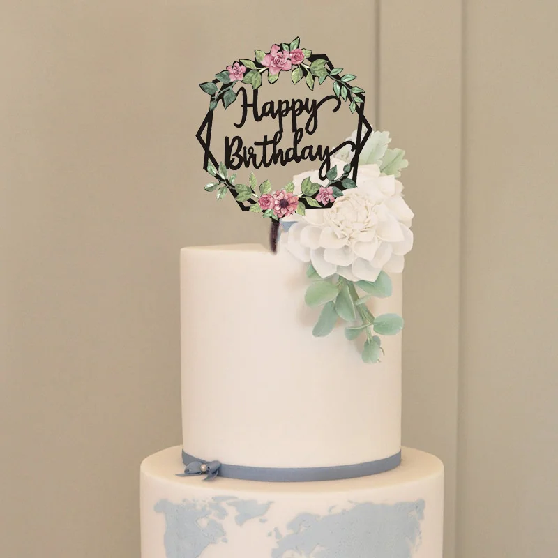 Акриловый топпер для торта на день рождения с черным золотым растением чашка
