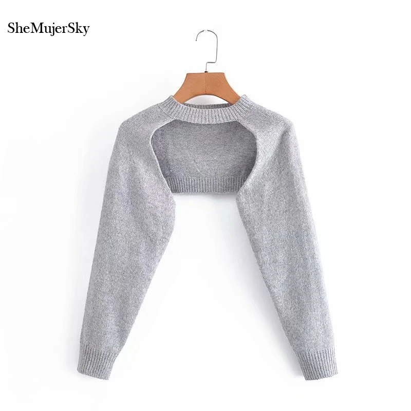 

Женские вязаные пуловеры SheMujerSky серого цвета с длинным рукавом, экстремальные Короткие топы 2021, сексуальные укороченные свитера