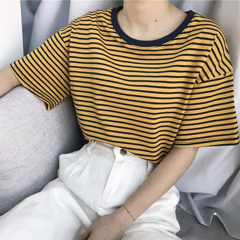 

Summer Women's Tshirt Korean Style Striped Ladies Round Neck Casual Short Sleeve Tee Shirts Y #H