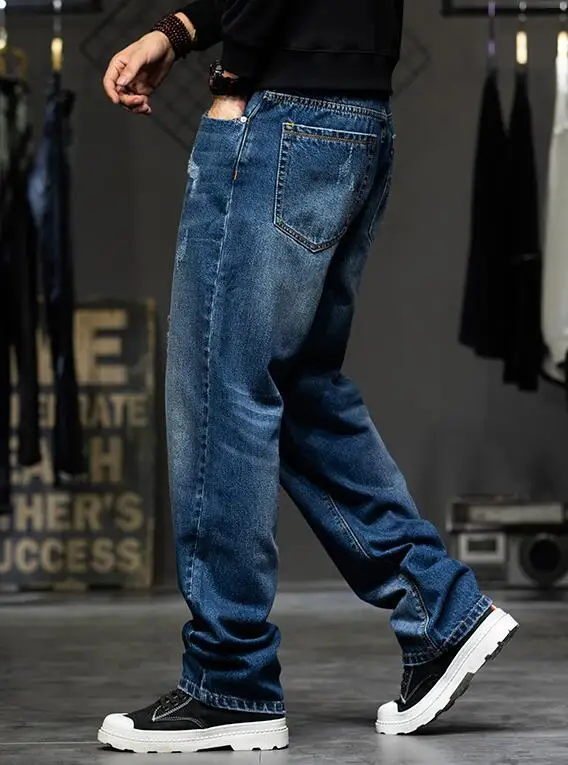 High Waist Jeans Big Men Black Size 42 44  Male Stretched Loose Straight Tall Man Trousers Denim Blue Elastic Jeans