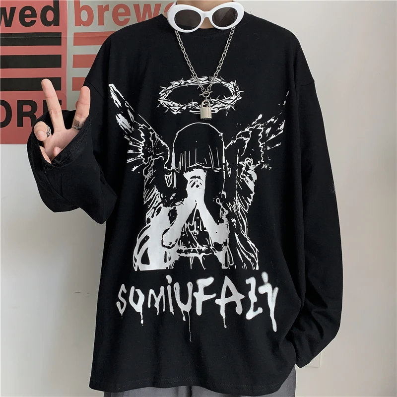 

Women'S T-Shirts Men'S T-Shirts Long-Sleeved Dark High-Street Korean Style Loose Trend Couple Outfit Gothic Punk Cartoon Print