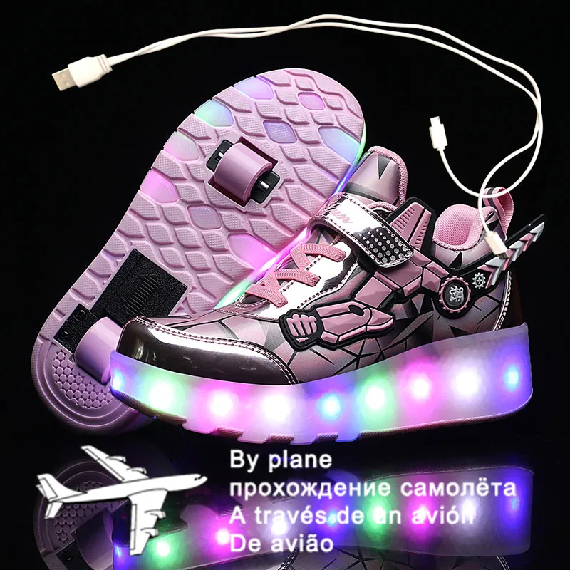 

Children Two Wheels Luminous Glowing Sneakers Black Pink Led Light Roller Skate Shoes Kids Led Shoes Boys Girls USB Charging
