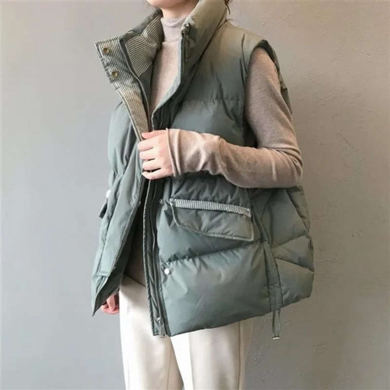 

2021 Women Autumn Solid Short Vest Lady Cotton Padded Sleeveless Zipper Stand Collar Waistcoat Female Casual Vest M30