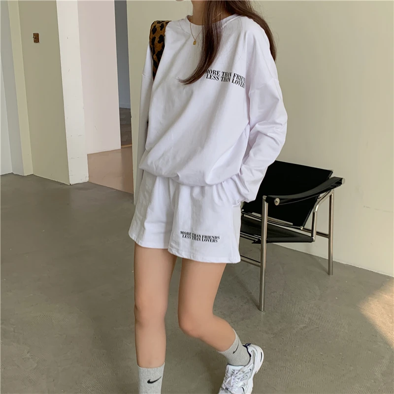 

REALEFT 2020 New Autumn Letter Tracksuits Womens Two Peices Set Leisure Outfits Oversized Sweatshirt High Waist Shorts Suits