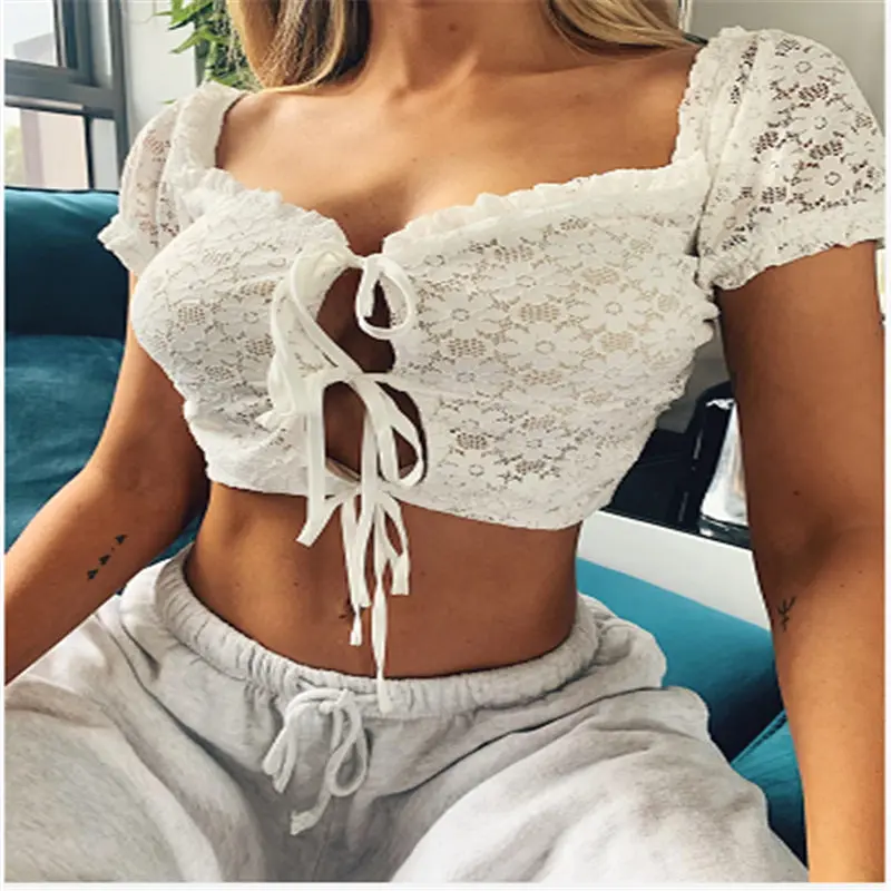 

Women Sexy Short Sleeve Lace Hollow Out Shirt Lace Up Bohemian Style Square Collar Crop Top Sexy and Charming Cardigan Blouse