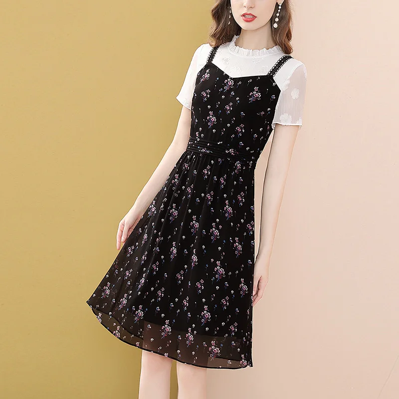 

Only Plus Patchwork Floral A Line Dress Women Ruffle O-Neck Sweet Summer Short Sleeve Fake two Piece Chiffon Vintage Dresses