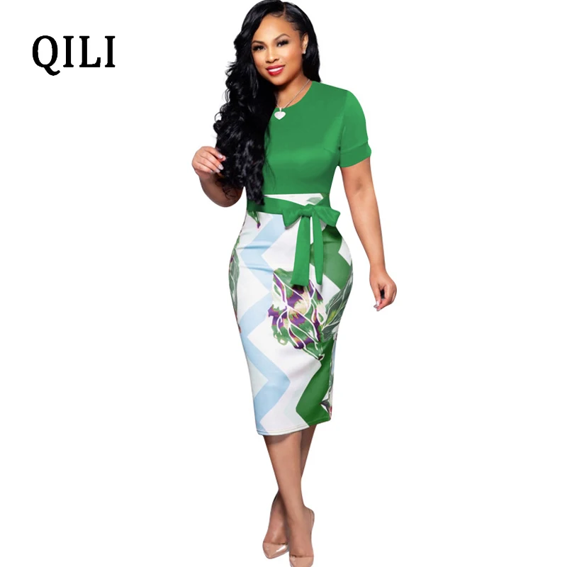 

QILI Women Print Pencil Dress O Neck Short Sleeve Belted Elegant Dresses England Style Women Bodycon Bandage Dress