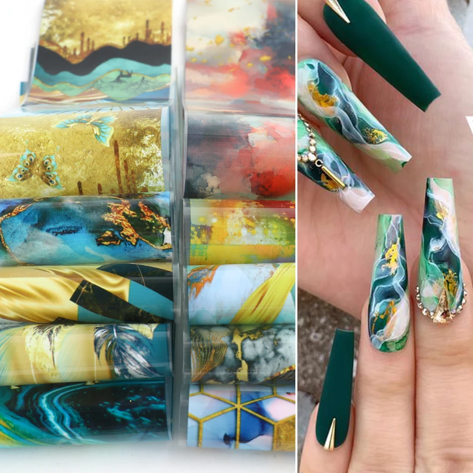 

NEW 10pcs Nail Foil Marble Gold Foils Nail Stickers Set Sea Green Blue Butterfly Grids Transfer Manicure Wraps Nail Accessory