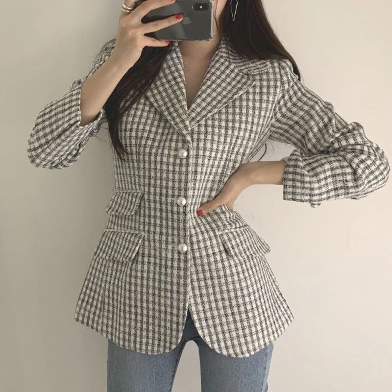 

New Spring Elegant Women Plaid Blazers Notched Collar Single Breasted Female Suit Jackets Long Sleeve Office Lady Tops Work Wear