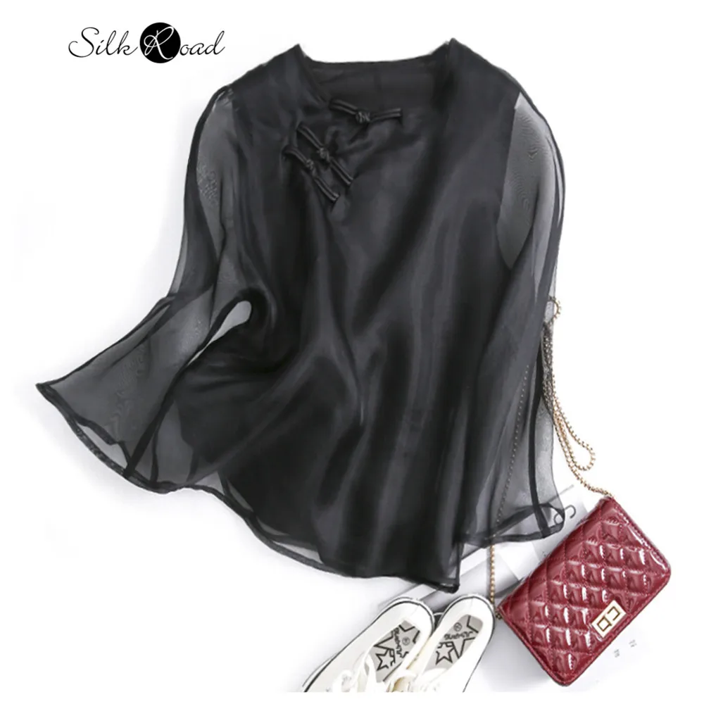 Silviye Black hazy new Chinese style top with retro button up silk Organza T-shirt and silk tops blusas mujer de moda 2020