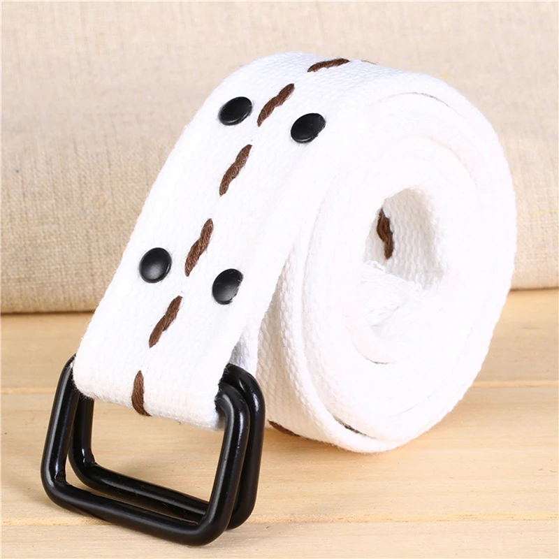 

Men Women Teenager Boys Girls Students Double Ring Buckle Waist Belt Canvas Solid Color