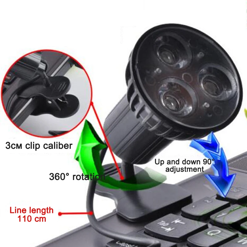 Черный Яркий налобный фонарь на 3 светодиодах Clip-On USB Ночной светильник лампа для