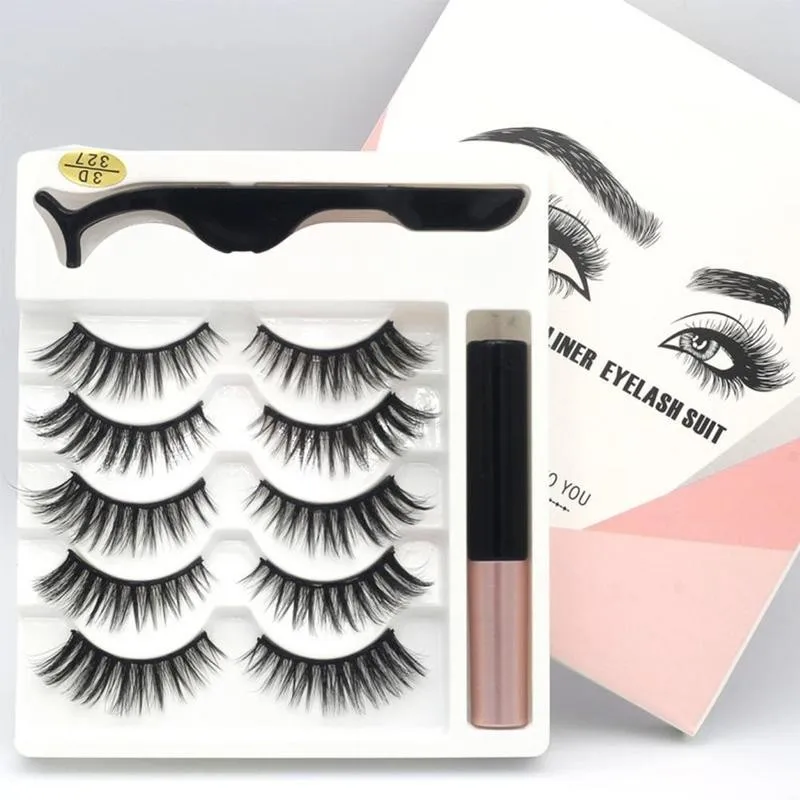 

5 Pair Magnetic False Eyelashes Lashes With Liquid Eyelash Kit Extension Eyelashes Eyeliner Magnetic Set Tweezers Long-last L9Q1