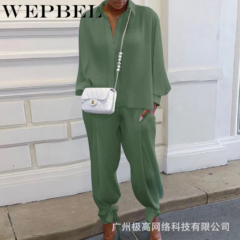 

WEPBEL Spring Autumn Women Elegant Tracksuit Ladies Turn Down Collar Single Breasted Shirt + Long Pants 2 Pcs Set Female Outfits