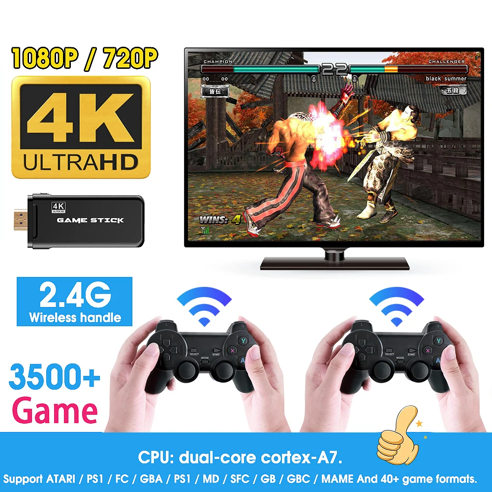 

4K HD Video Game Console 2.4G Double Wireless Controller For PS1/FC/GBA Retro TV Dendy Game Console 3500+ Games Stick Console