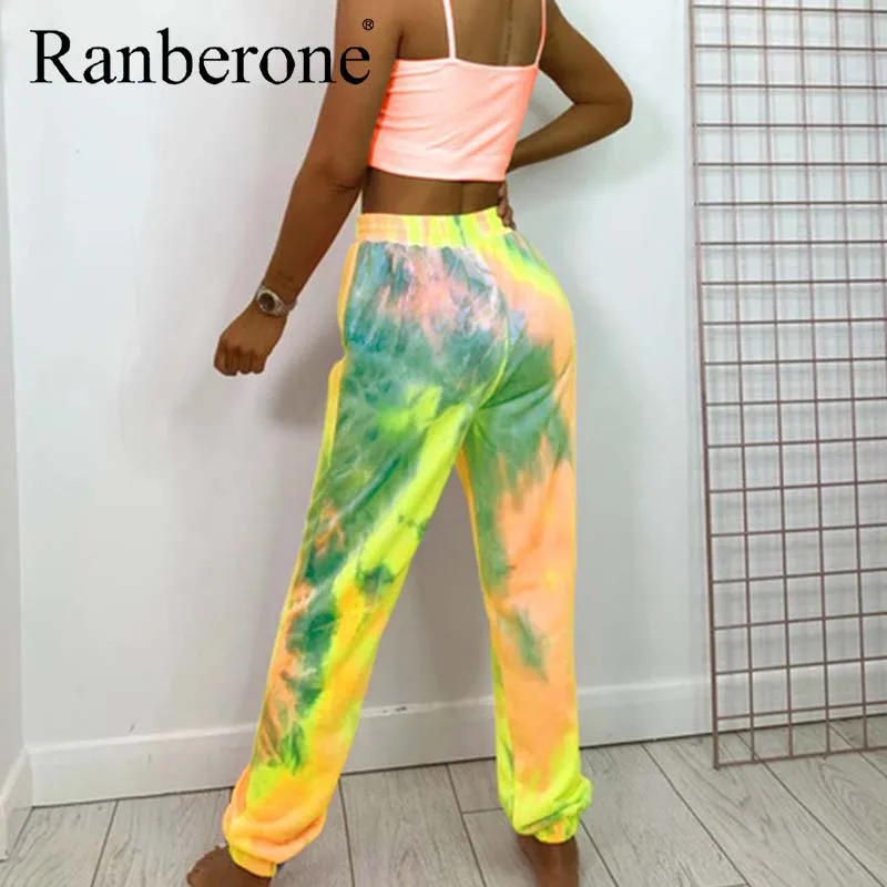 Tie Dye Printed Sweatpants Women Fashion Harajuku Pants Colorful Psychedelic Track Pants Slim Streetwear Trousers With Pocket