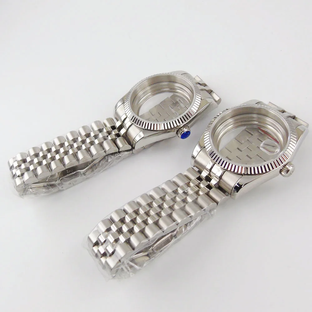 

Silver Color Stainless Steel Mechanical Watch Case Jubilee Band for MIYOTA 8215 821A MINGZHU 2813 Seeing Back Glass No Cyclop