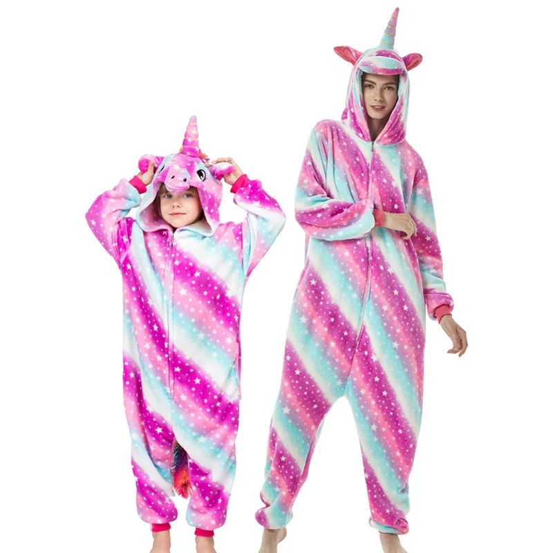 Kigurumi/пижамы с единорогом для взрослых и детей Одинаковая одежда семьи