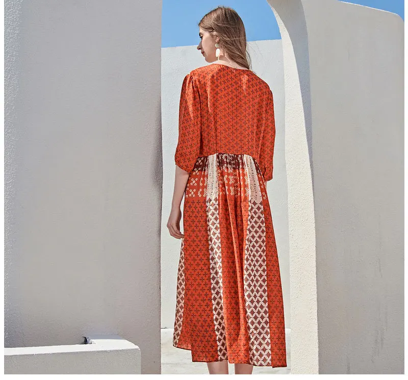 

100% Silk Women's Runway Dresses Sexy V Neck 3/4 Sleeves Printed Mid Calf Beach Style Holiday Dresses