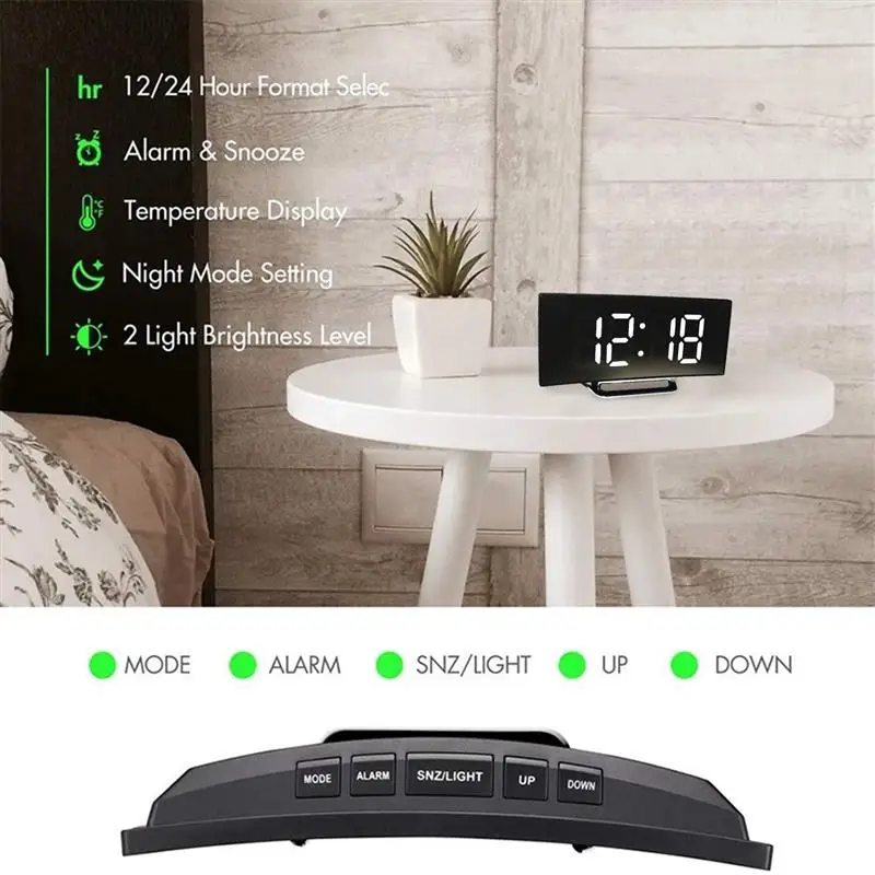 

Digital Alarm Clock Mirror Clock Curved Dimmable Led Electronic Digital Desktop Clock For Kids Bedroom Living Room Home Decor