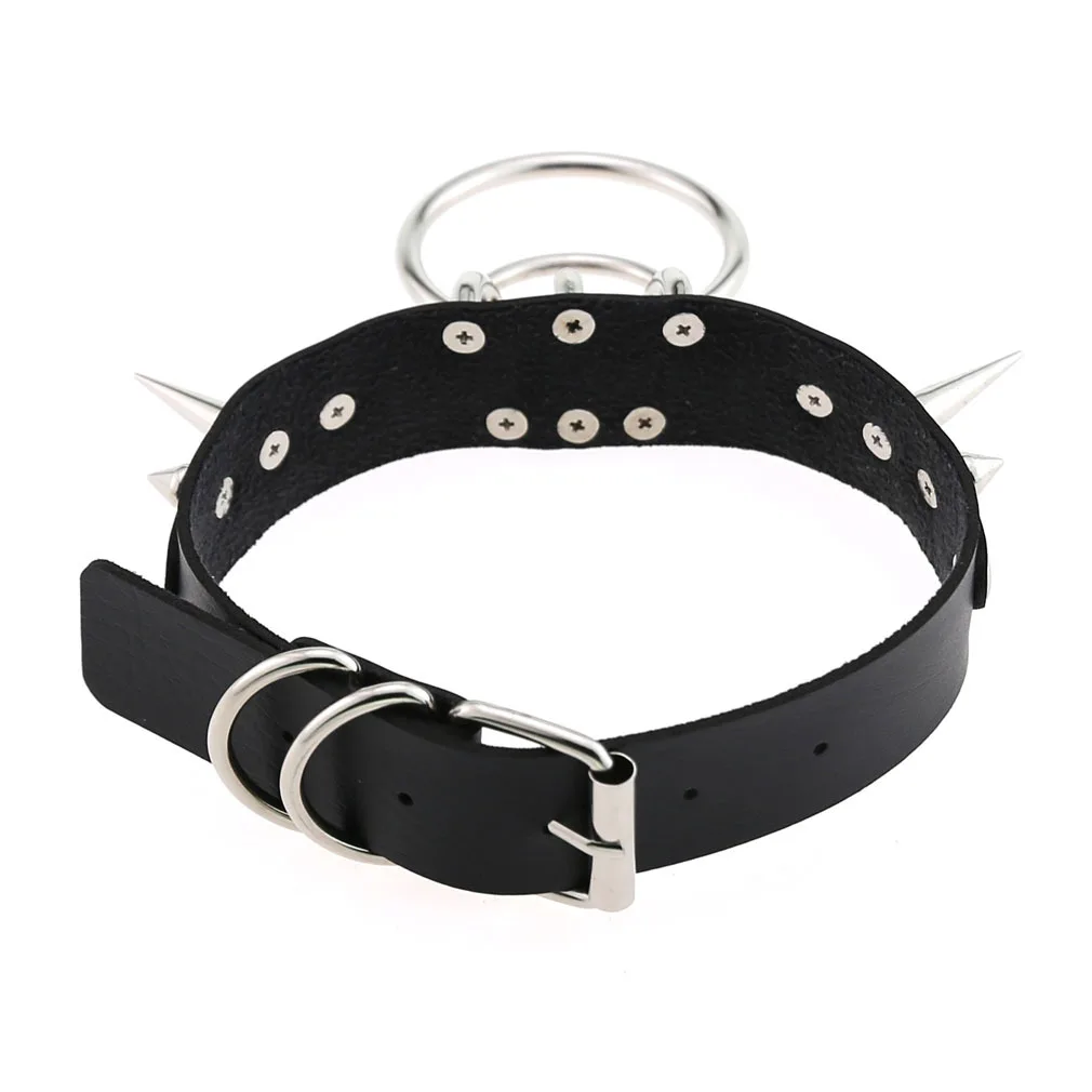 

Double o-circle Punk Rock Gothic Women Men Leather Spike Rivet Stud Collar Choker Necklace Clavicle chain