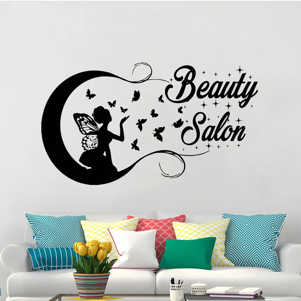 

Butterfly Girl Silhouette Wall Stickers Beauty Salon Butterflies Hair Vinyl Wall Decal Woman Decor Stickers Fashion Decals