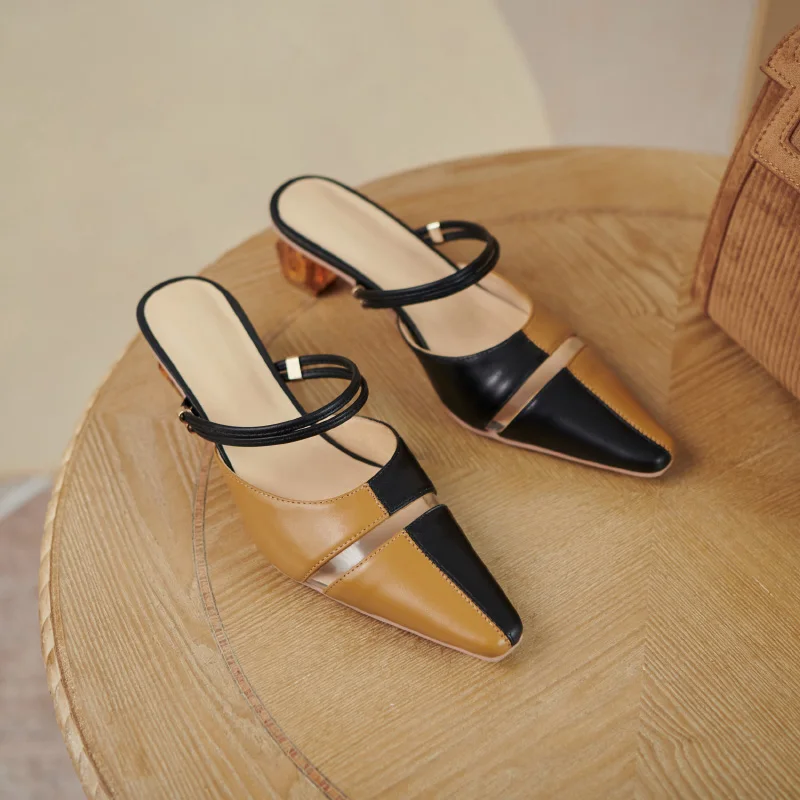

2021 Fashion Trend Genuine Leather Women Mules Fashion Shoes Woman Heels Summer Newest Wedding Women Sandals Retro