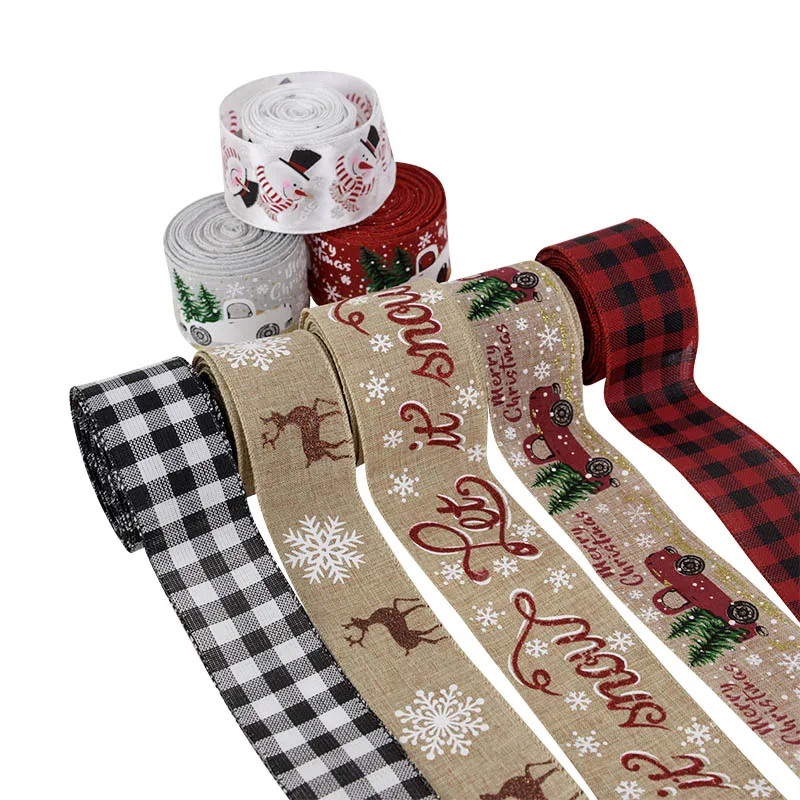 

5M/Roll Merry Christmas Tree Car Elk Printed Burlap Ribbons Handmade Wreath Bows For Gift Wrapping Xmas New Year Decoration