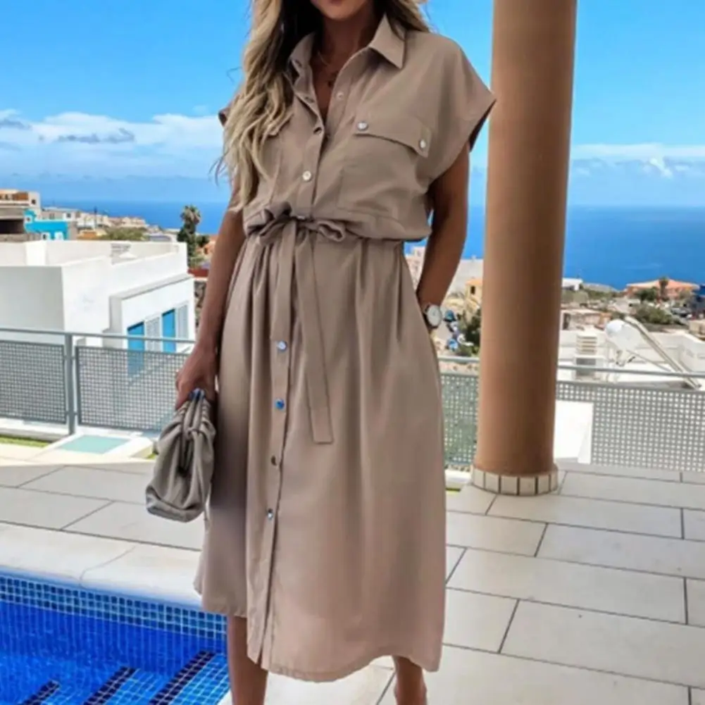 

Women Midi Dress Single-breasted Belt Solid Color Short Sleeve Pockets Dress for Office Loose Buttons High Waist