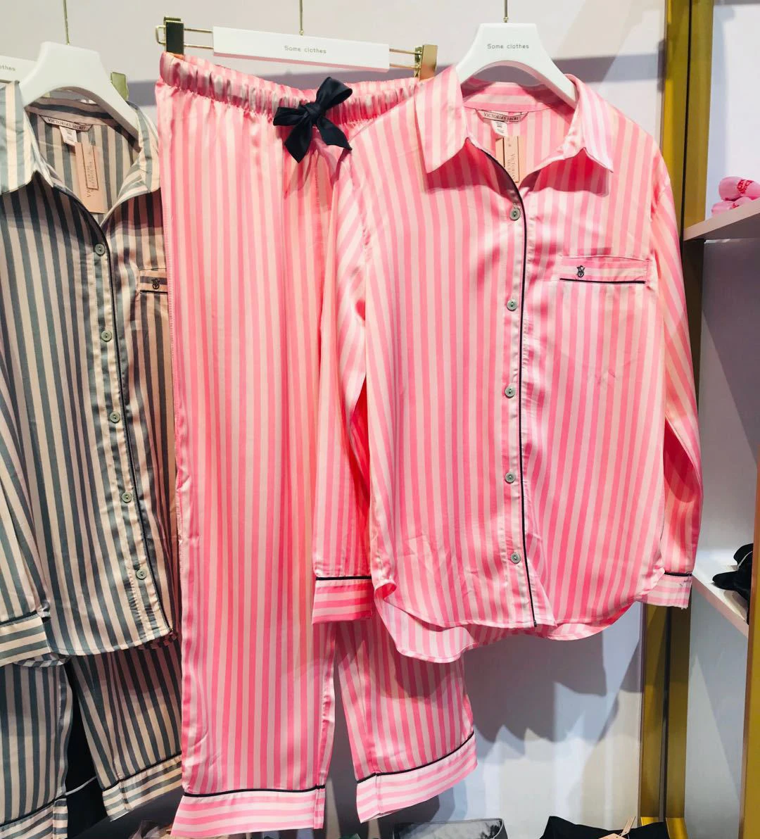 

Summer Spring Pajamas for Women Satin Silk Sleepwear Two Piece Set Long Sleeved Striped Pjs Lounge Wear Night Suits Home Clothes