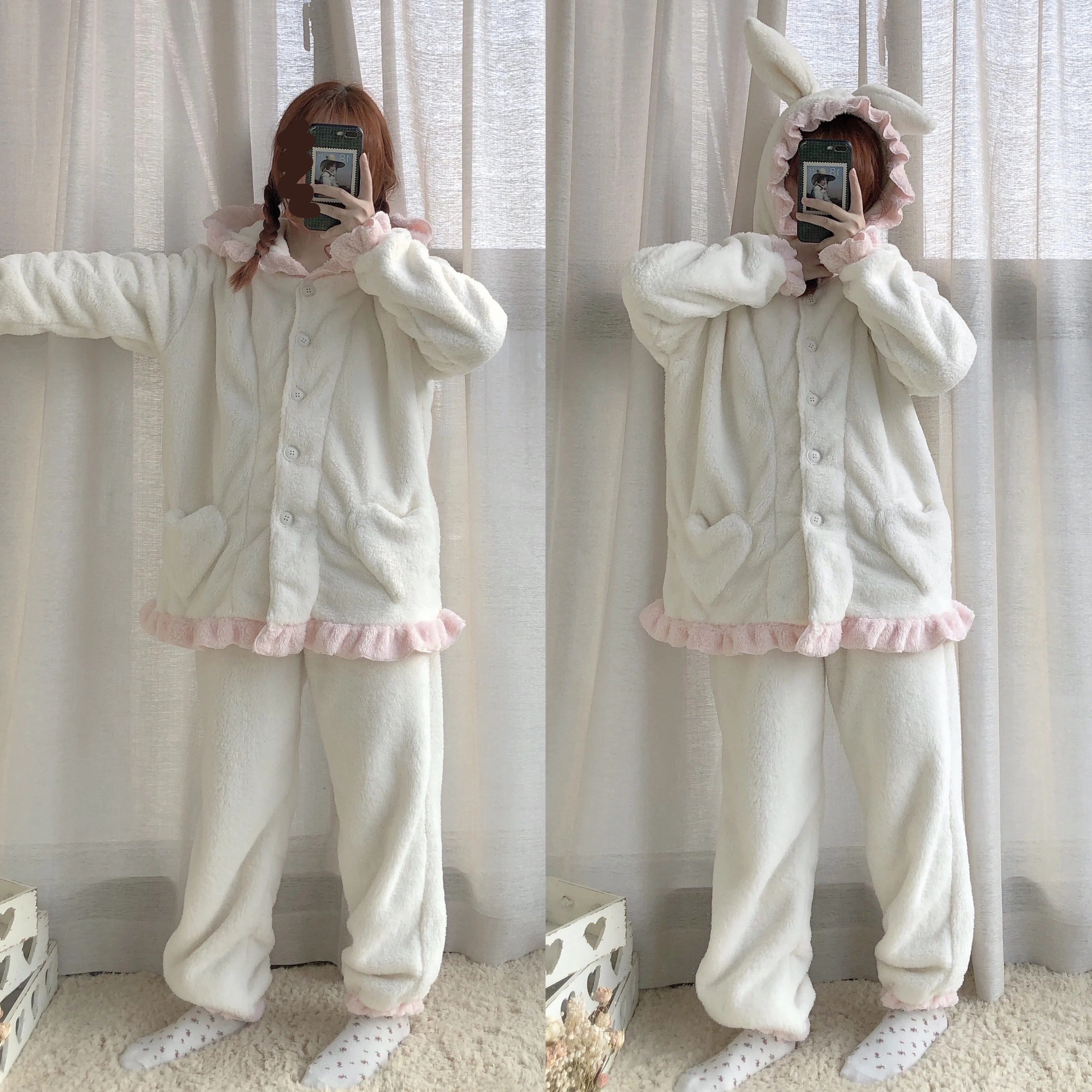 Зимняя фланелевая утепленная одежда с рюшами Kawaii милая домашняя осенний теплый