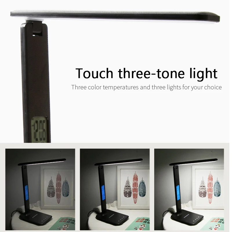

10W QI Wireless Charger LED Desk Lamp With Calendar Temperature Alarm Clock Eye Protect Reading Light Table Lamp Phone Holder