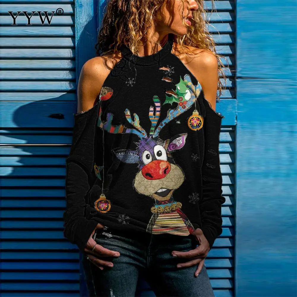 

Fashion Casual T-shirt Christmas Print Long Sleeves Sexy Party Club New Year Sweater Sweatshirt Tops Women Festival Clothes 2022