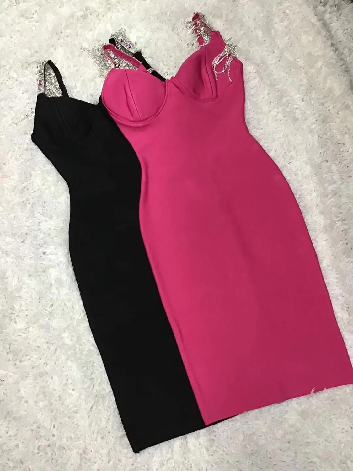 High Quality Black Pink Tassel Sleeve Slip Rayon Bandage Dress Elegant Cocktail Party Dress images - 6
