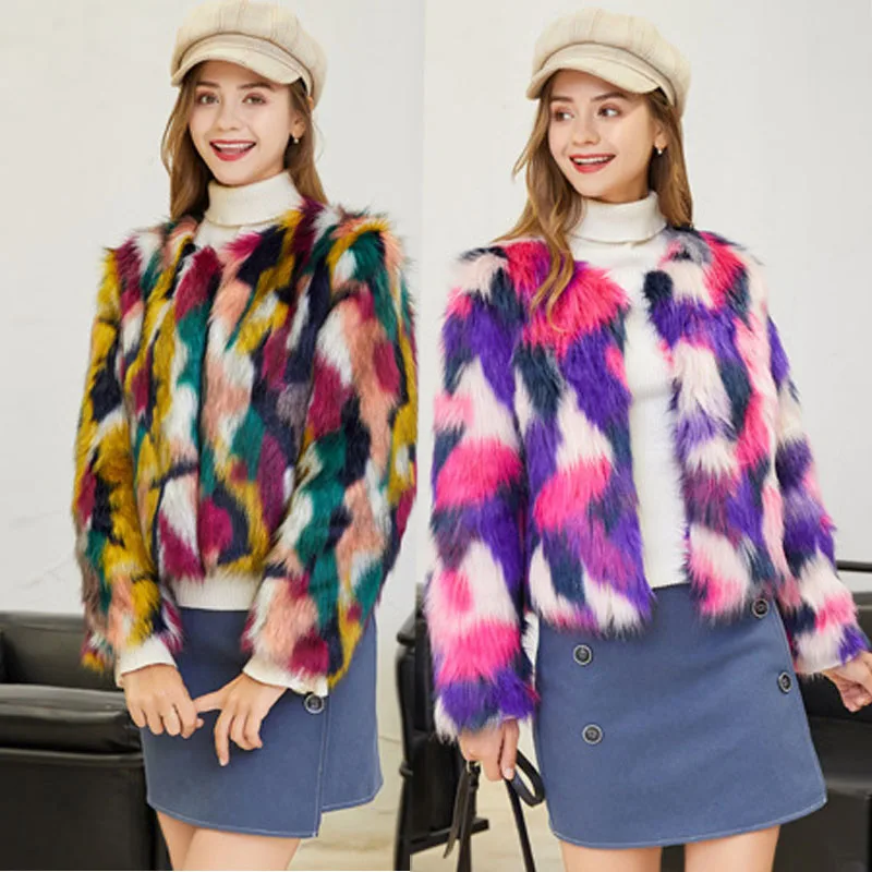 Искусственный мех яркое камуфляжное пальто из искусственного лисьего меха