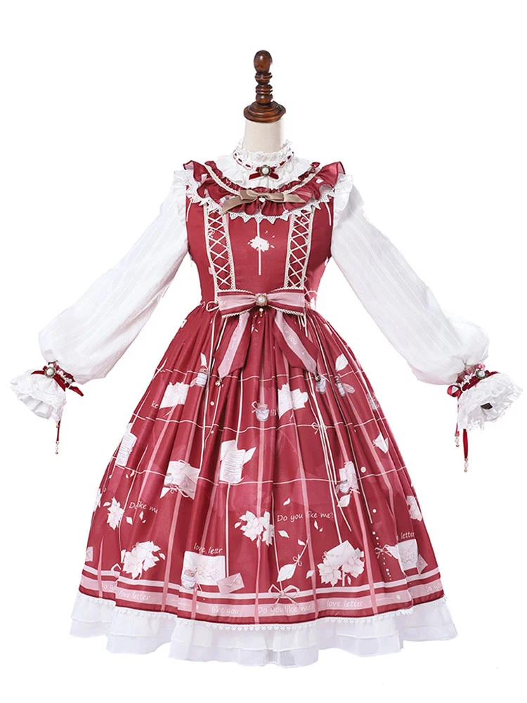

Sweet Lolita JSK Dress Autumn Letter Print Bow Ruffle Red Lolita Jumper Skirt Original Design
