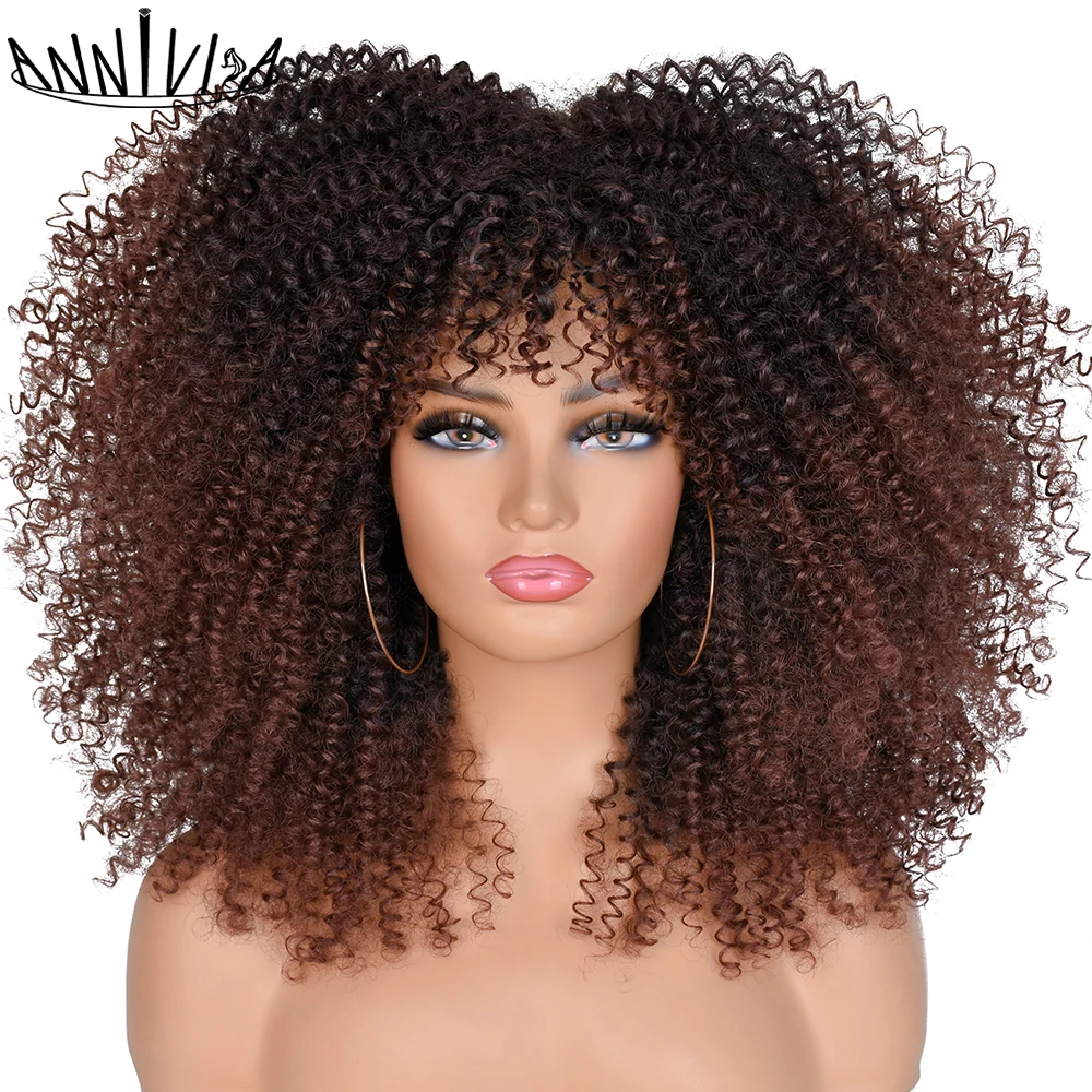 

Annivia 16" Short Hair Afro Kinky Curly Wig With Bangs For Black Women Synthetic Ombre Glueless Cosplay Natural Brown Blonde Wig