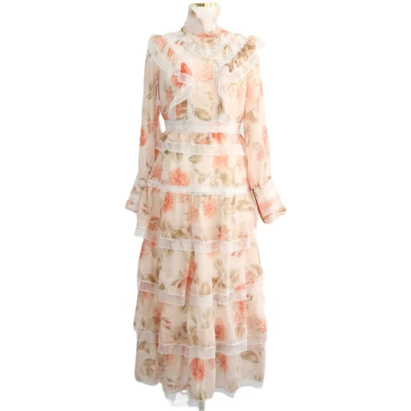 

Australian design sense autumn and winter new fashion printed lace stitching multi-layer dress women