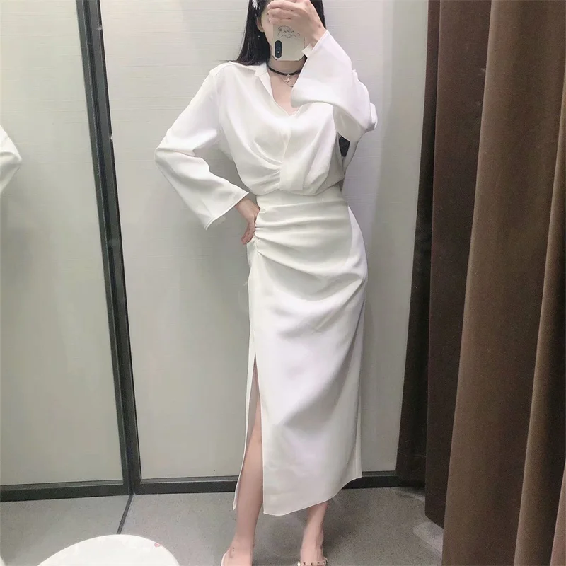 

Za 2021 Skirts Women Summer Elegant High Waist White Midi Skirt Vintage Side Pleat Slit Hem Skirts Pleated Crop Top Woman Suits