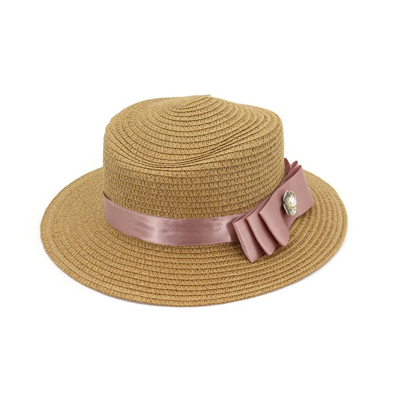 

Lady Boater Sun Caps Ribbon Round Flat Top Straw Fedora Panama Summer Women Snapback Straw Hat Female Travel Beach Hat GH-681