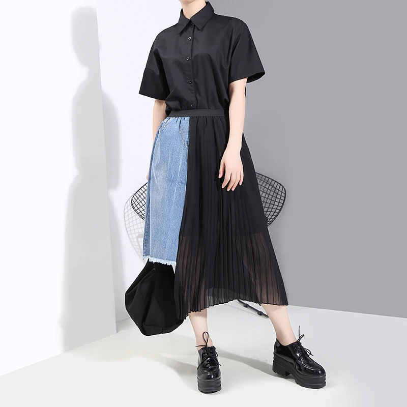 Женская джинсовая юбка составного кроя Повседневная плиссированная шифоновая с