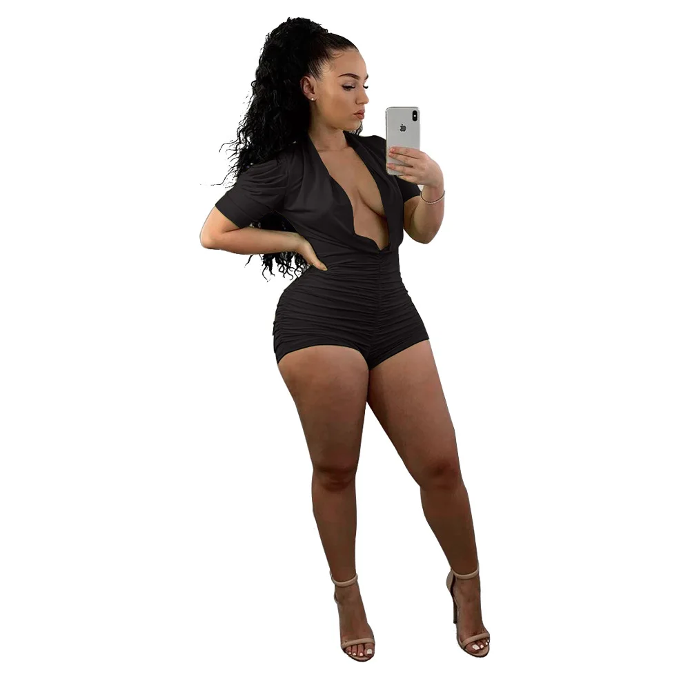 

Summer Women's Sexy Short Sleeve Deep V-Neck Playsuits Famale Pleated Puff Sleeves Short Jumpsuit 2021