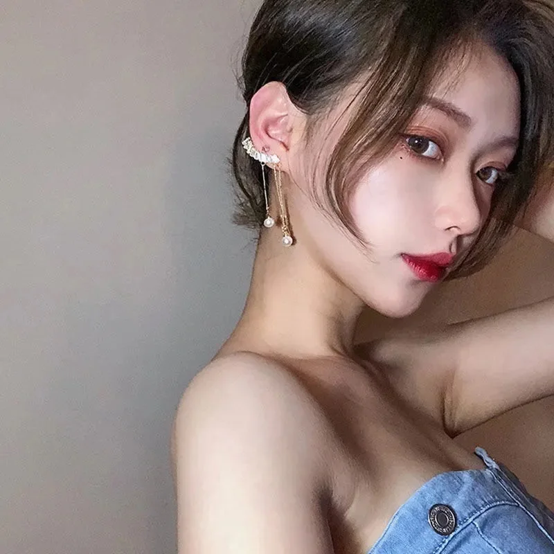 

New Fashion Imitation Pearl Chain Ear Cuff Cartilage Earrings for Women Elegant Long Tassel Ear Clip Female Jewelry Gift