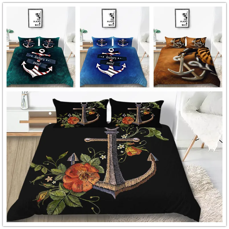 

3D Print Anchor Bedding set King Twin Queen Size Blue Yellow Black Bedding Cover Customizable with Sheet Pillow of Bedclothes