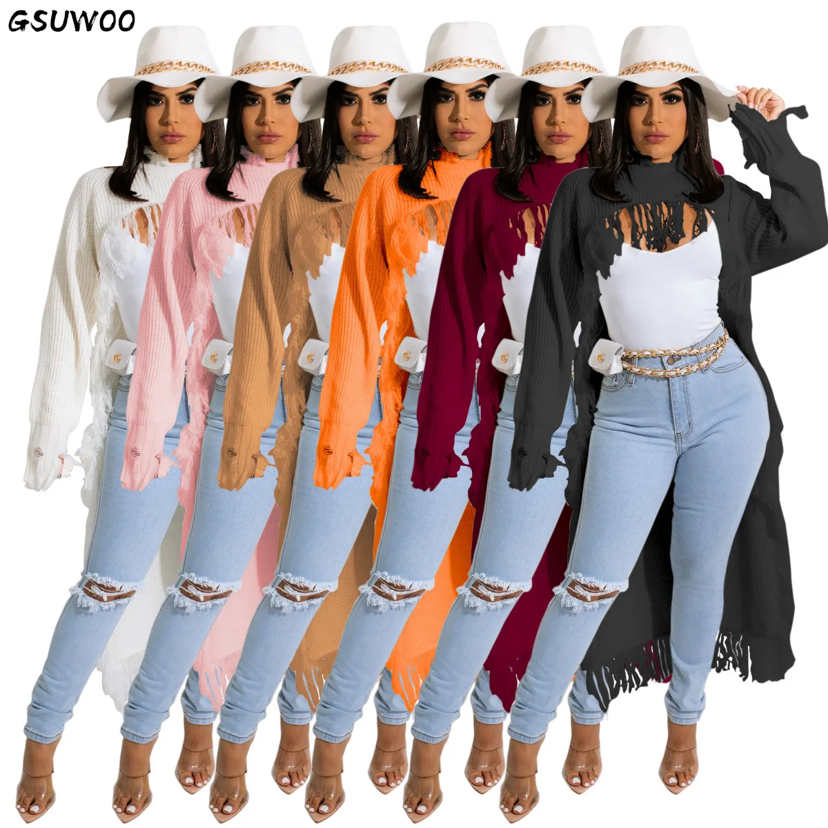 

GSUWOO Solid Tassel Women Sweater Winter Turtleneck Long Sleeve Rib Knitted Pullover Tops Tunic Jumper Outwear Cardigans Coats