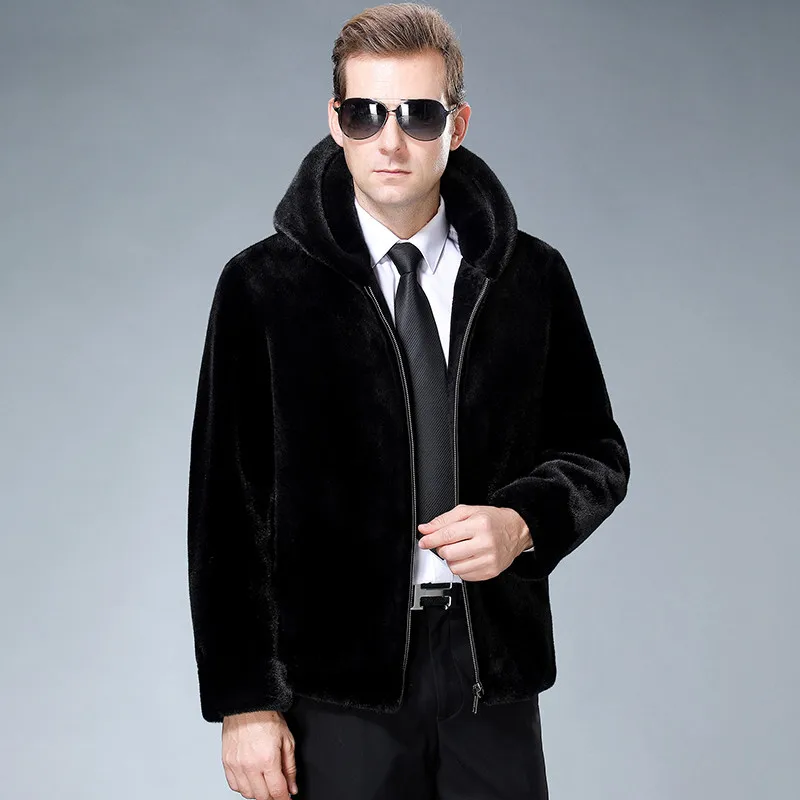 

2021 New men's Fur Imported Mink Coat Men's Whole Mink Hooded Mink Fur Winter Coat